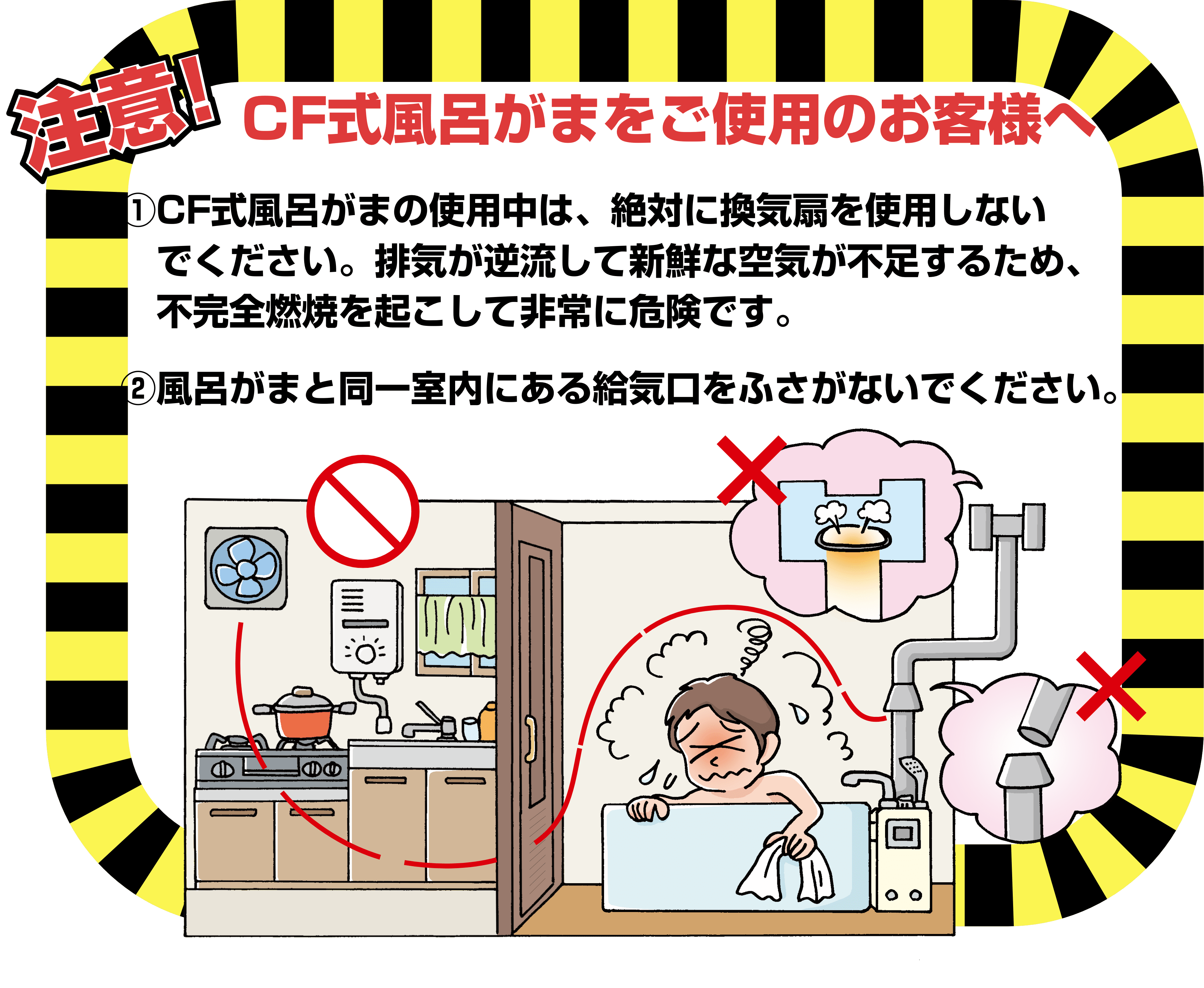 注意！　CF式風呂がまをご使用のお客様へ　1.CF式風呂がまの使用中は、絶対に換気扇を使用しないでください。排気が逆流して新鮮な空気が不足するため、不完全燃焼を起こして非常に危険です。　2.風呂がまと同一室内にある給気口をふさがないでください。